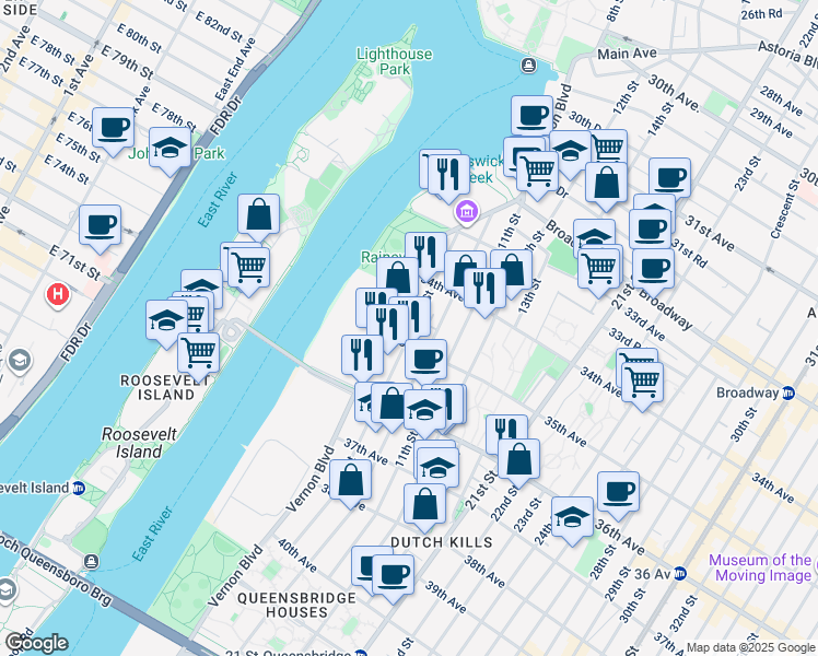 map of restaurants, bars, coffee shops, grocery stores, and more near 34-55 Vernon Boulevard in Queens