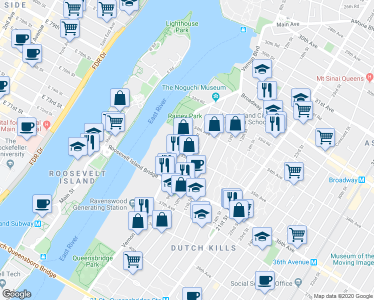 map of restaurants, bars, coffee shops, grocery stores, and more near 34-55 Vernon Boulevard in Queens