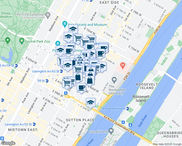 map of restaurants, bars, coffee shops, grocery stores, and more near 327 East 65th Street in New York