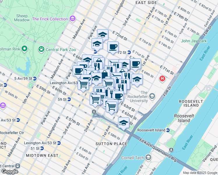 map of restaurants, bars, coffee shops, grocery stores, and more near in New York
