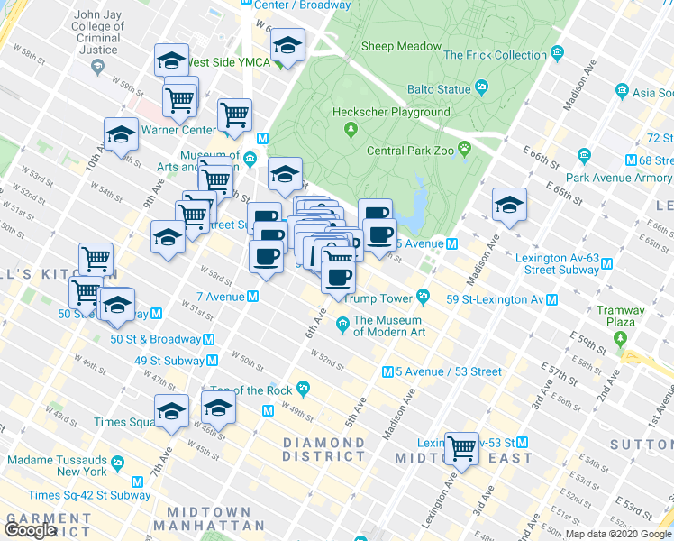 map of restaurants, bars, coffee shops, grocery stores, and more near 117 West 56th Street in New York