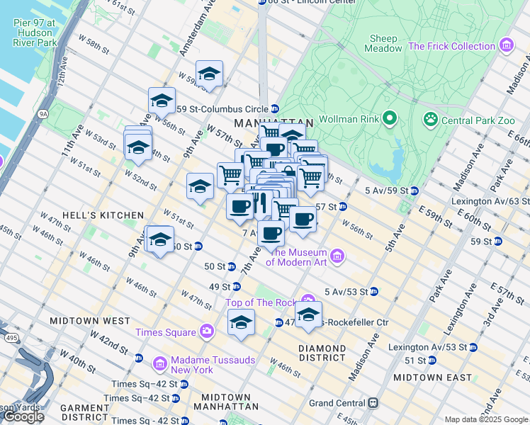 map of restaurants, bars, coffee shops, grocery stores, and more near 842 7th Avenue in New York