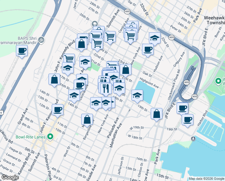 map of restaurants, bars, coffee shops, grocery stores, and more near 412 19th Street in Union City