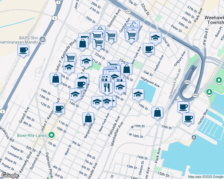 map of restaurants, bars, coffee shops, grocery stores, and more near 412 19th Street in Union City