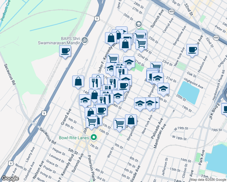 map of restaurants, bars, coffee shops, grocery stores, and more near 1601 Summit Avenue in Union City