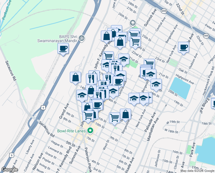 map of restaurants, bars, coffee shops, grocery stores, and more near 1601 Summit Avenue in Union City