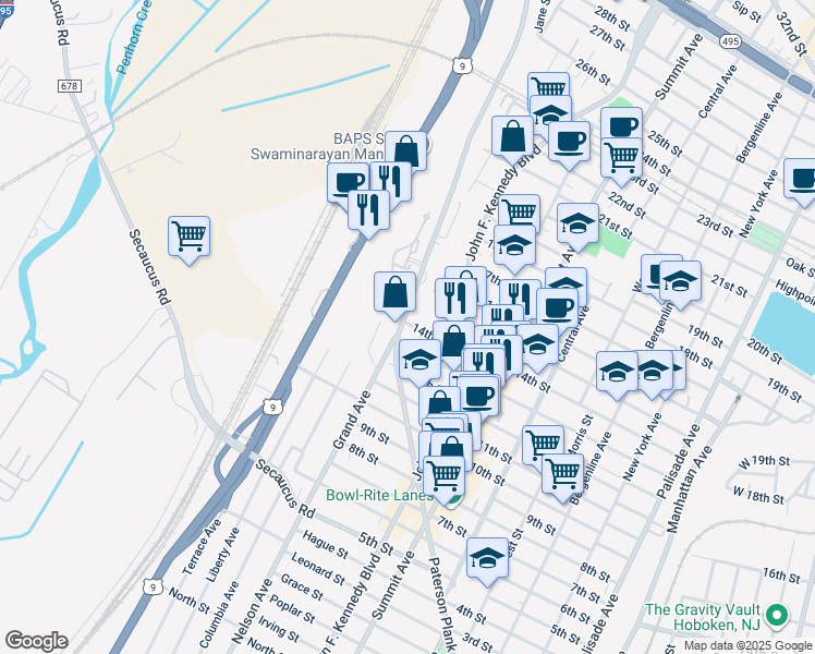 map of restaurants, bars, coffee shops, grocery stores, and more near 1402 14th Street in North Bergen