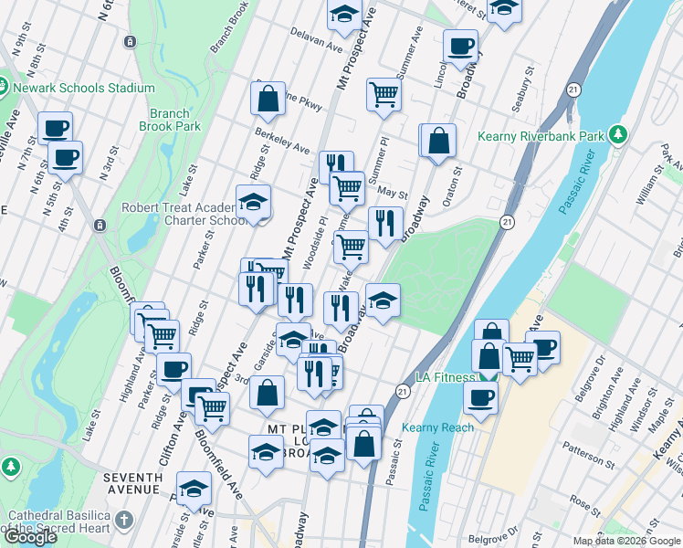 map of restaurants, bars, coffee shops, grocery stores, and more near 357 Summer Avenue in Newark