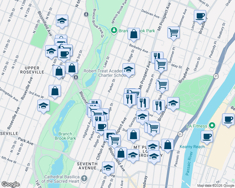 map of restaurants, bars, coffee shops, grocery stores, and more near 402 Clifton Avenue in Newark