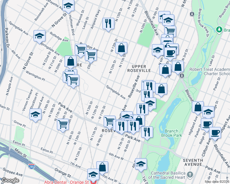 map of restaurants, bars, coffee shops, grocery stores, and more near 244 North 9th Street in Newark