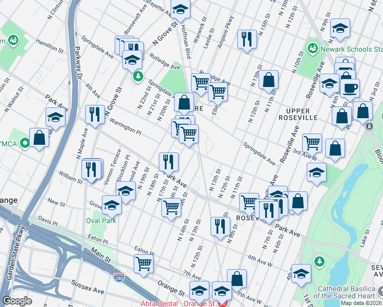 map of restaurants, bars, coffee shops, grocery stores, and more near 33-39 4th Avenue in East Orange