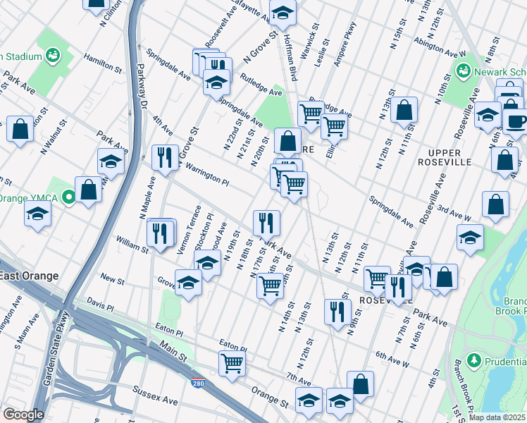 map of restaurants, bars, coffee shops, grocery stores, and more near 174 North 18th Street in East Orange