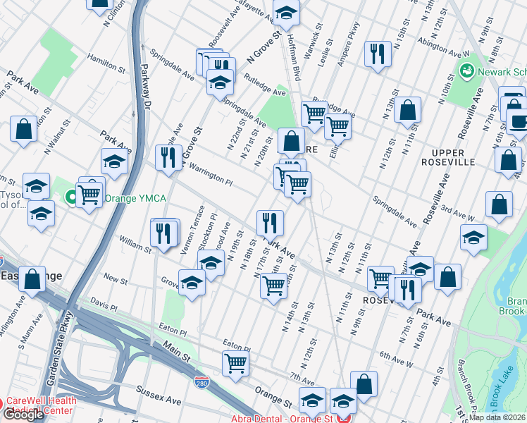 map of restaurants, bars, coffee shops, grocery stores, and more near 174 North 19th Street in East Orange