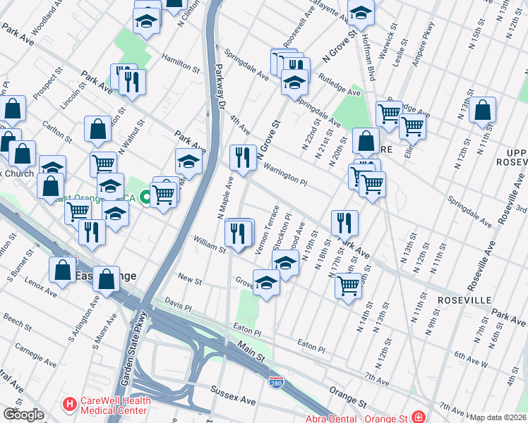 map of restaurants, bars, coffee shops, grocery stores, and more near 25 Vernon Place in East Orange