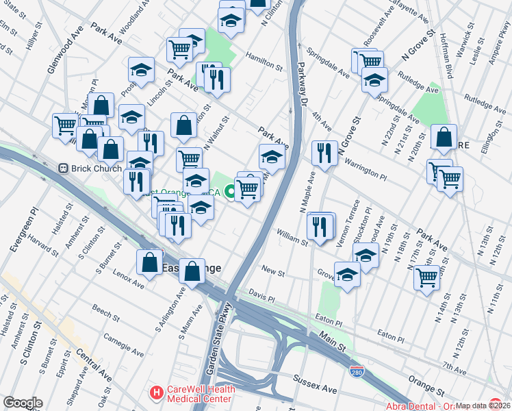 map of restaurants, bars, coffee shops, grocery stores, and more near 175 North Oraton Parkway in East Orange