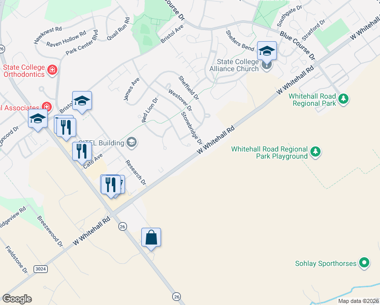map of restaurants, bars, coffee shops, grocery stores, and more near 1741-1947 W Whitehall Rd in State College