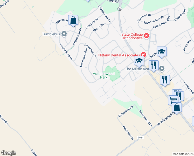 map of restaurants, bars, coffee shops, grocery stores, and more near Country Glenn Ln in State College