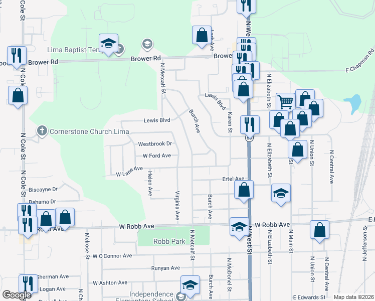 map of restaurants, bars, coffee shops, grocery stores, and more near 2025 North Metcalf Street in Lima