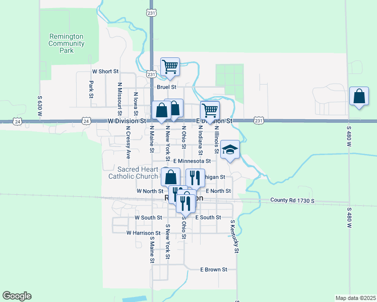 map of restaurants, bars, coffee shops, grocery stores, and more near 316 N Indiana St in Remington