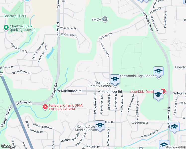 map of restaurants, bars, coffee shops, grocery stores, and more near 6231-6299 North Fairlane Drive in Peoria