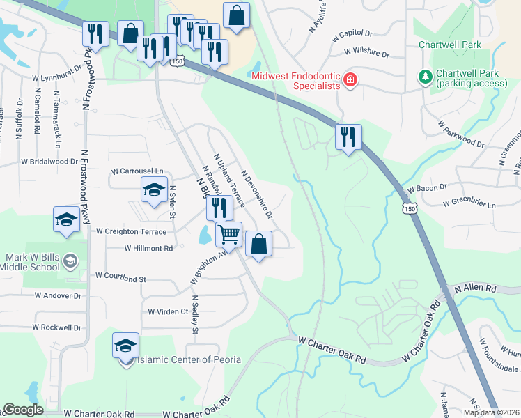 map of restaurants, bars, coffee shops, grocery stores, and more near 6209 North Devonshire Drive in Peoria