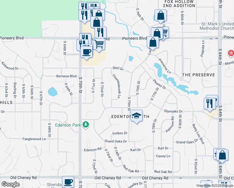 map of restaurants, bars, coffee shops, grocery stores, and more near 4860 Thomasbrook Lane in Lincoln