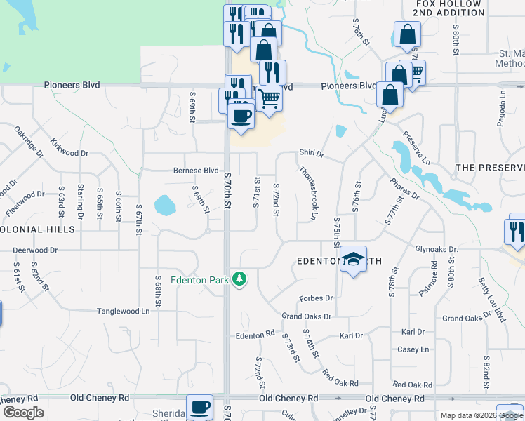 map of restaurants, bars, coffee shops, grocery stores, and more near 4931 South 72nd Street in Lincoln