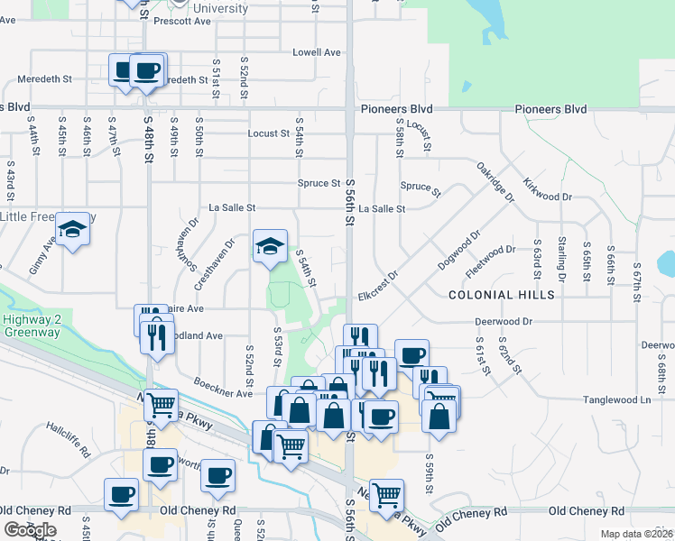map of restaurants, bars, coffee shops, grocery stores, and more near 5501 Vavak Place in Lincoln