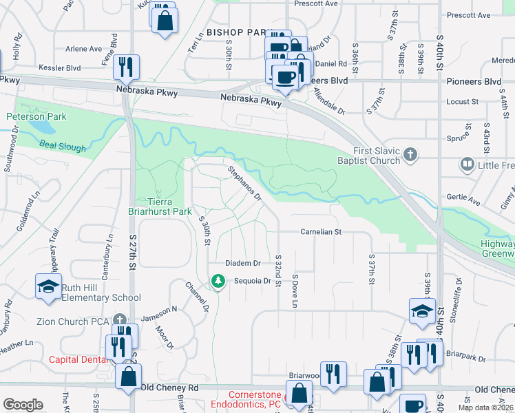 map of restaurants, bars, coffee shops, grocery stores, and more near 3141 Onyx Court in Lincoln