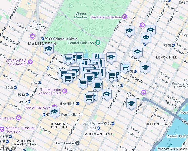 map of restaurants, bars, coffee shops, grocery stores, and more near 767 5th Avenue in New York