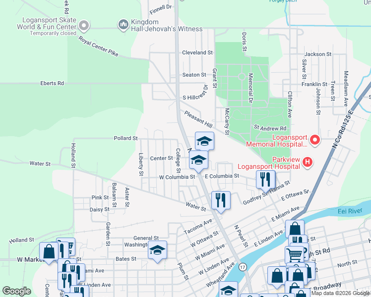 map of restaurants, bars, coffee shops, grocery stores, and more near 1419 North 3rd Street in Logansport