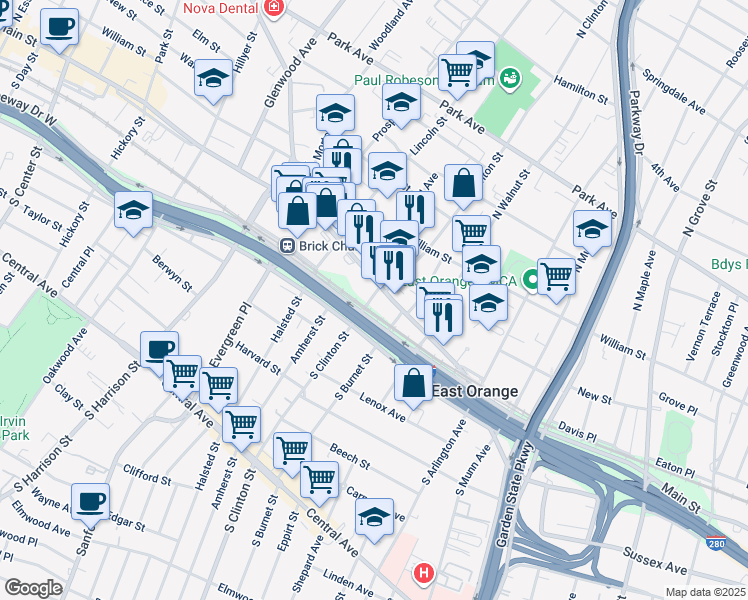 map of restaurants, bars, coffee shops, grocery stores, and more near 12 South Clinton Street in East Orange