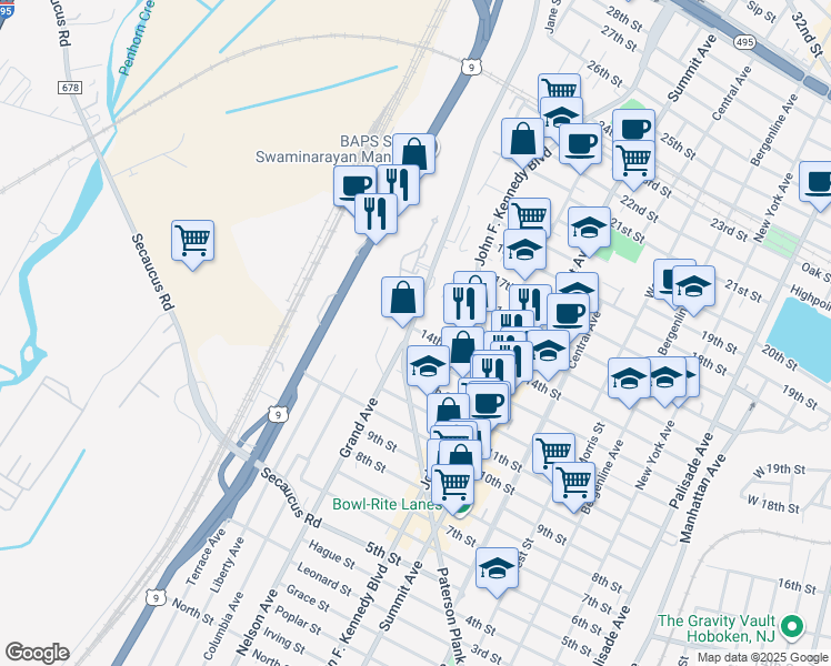 map of restaurants, bars, coffee shops, grocery stores, and more near 1402 14th Street in North Bergen
