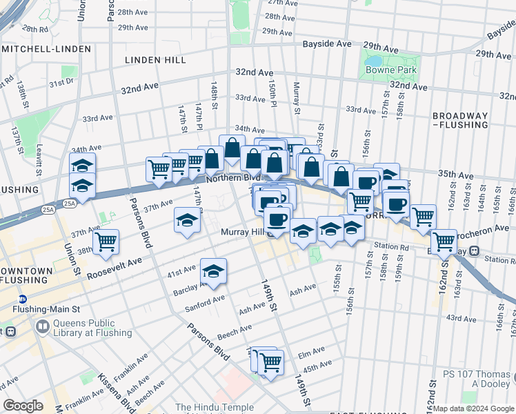 map of restaurants, bars, coffee shops, grocery stores, and more near 149th Place in Queens