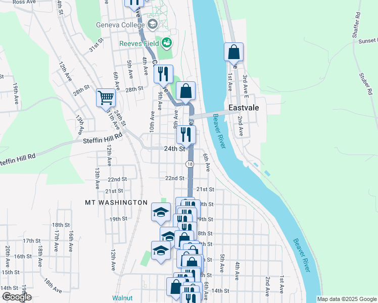 map of restaurants, bars, coffee shops, grocery stores, and more near 2327 7th Avenue in Beaver Falls