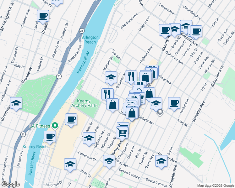 map of restaurants, bars, coffee shops, grocery stores, and more near 25 Halstead Street in Kearny