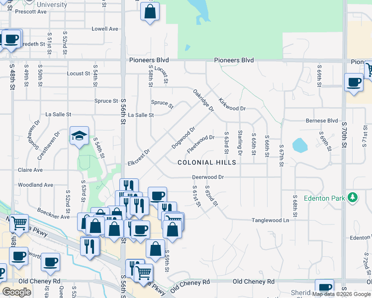 map of restaurants, bars, coffee shops, grocery stores, and more near 6024 Fleetwood Drive in Lincoln