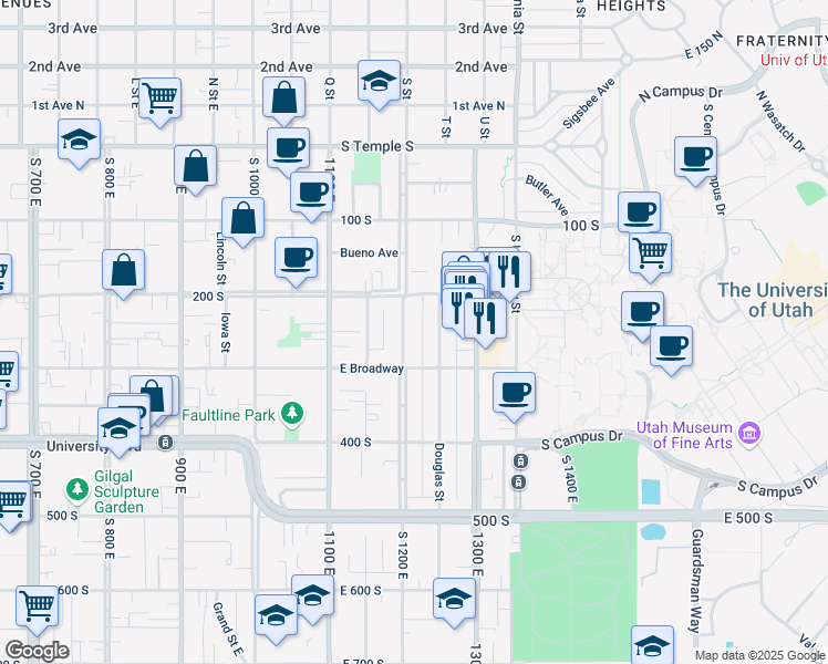 map of restaurants, bars, coffee shops, grocery stores, and more near 241 South 1200 East in Salt Lake City