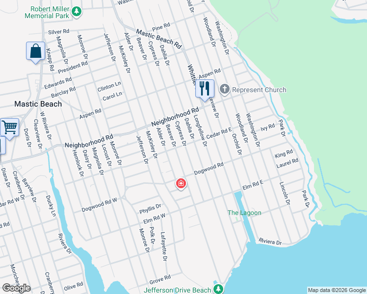 map of restaurants, bars, coffee shops, grocery stores, and more near 122 East Cedar Road in Mastic Beach