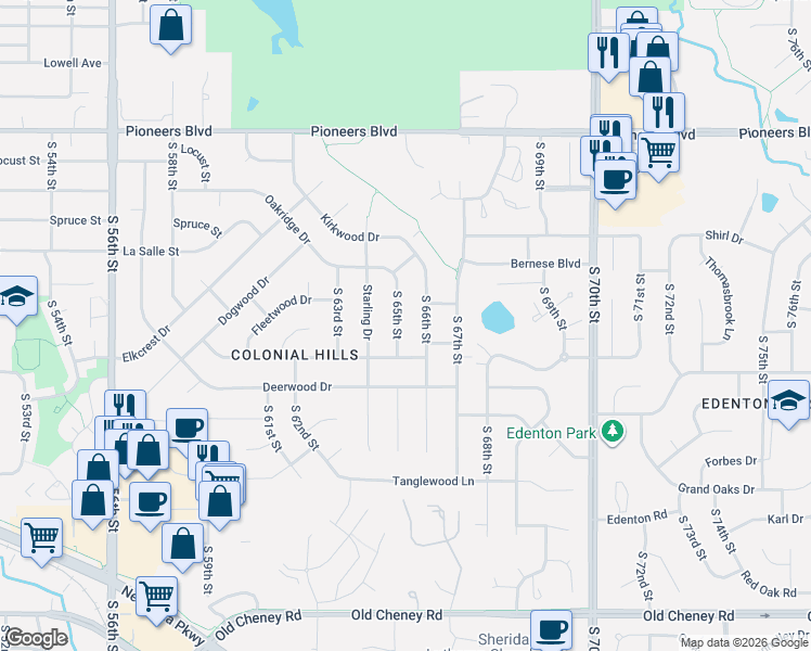 map of restaurants, bars, coffee shops, grocery stores, and more near 4930 South 65th Street in Lincoln