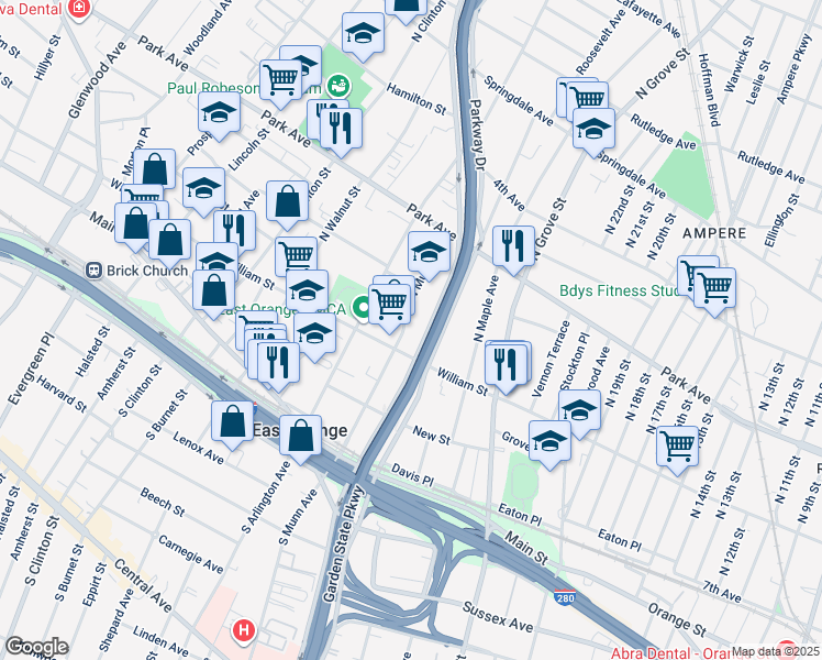 map of restaurants, bars, coffee shops, grocery stores, and more near 162 North Munn Avenue in East Orange