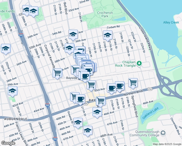 map of restaurants, bars, coffee shops, grocery stores, and more near 40-10 214th Place in Queens