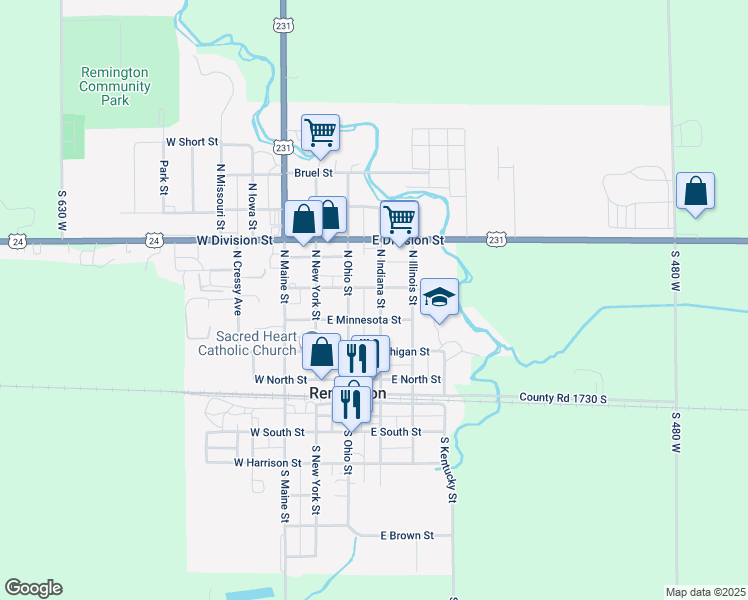 map of restaurants, bars, coffee shops, grocery stores, and more near 316 North Indiana Street in Remington