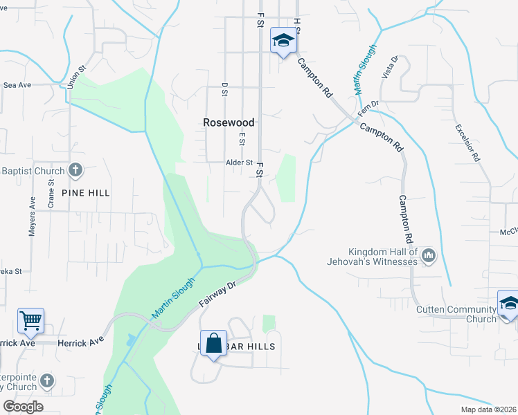 map of restaurants, bars, coffee shops, grocery stores, and more near 4390 Ridgecrest Drive in Eureka
