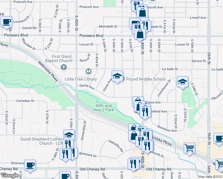 map of restaurants, bars, coffee shops, grocery stores, and more near 4901 South 45th Street in Lincoln