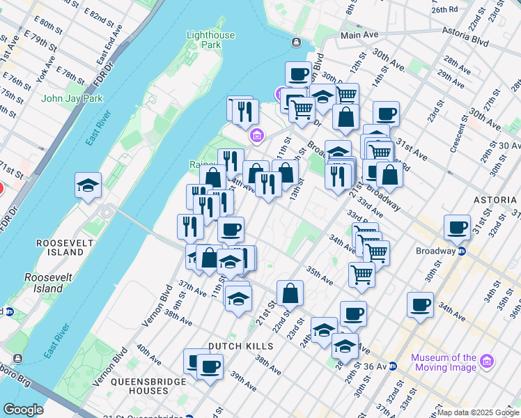 map of restaurants, bars, coffee shops, grocery stores, and more near 34-21 11th Street in Queens