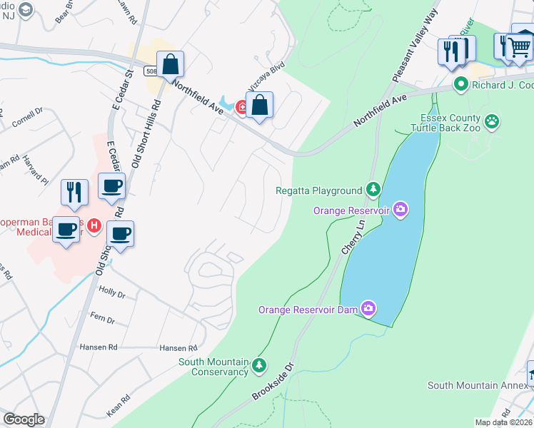 map of restaurants, bars, coffee shops, grocery stores, and more near 20 Hickory Road in West Orange