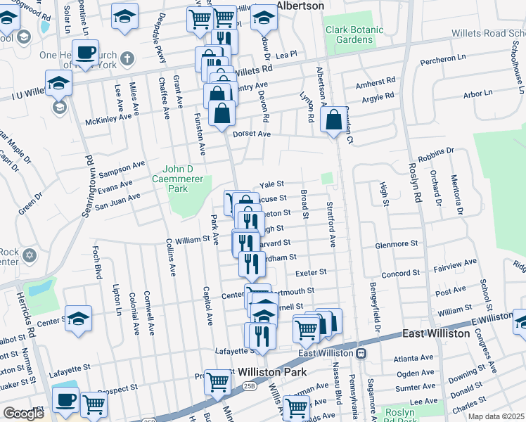 map of restaurants, bars, coffee shops, grocery stores, and more near 29 Princeton Street in Williston Park