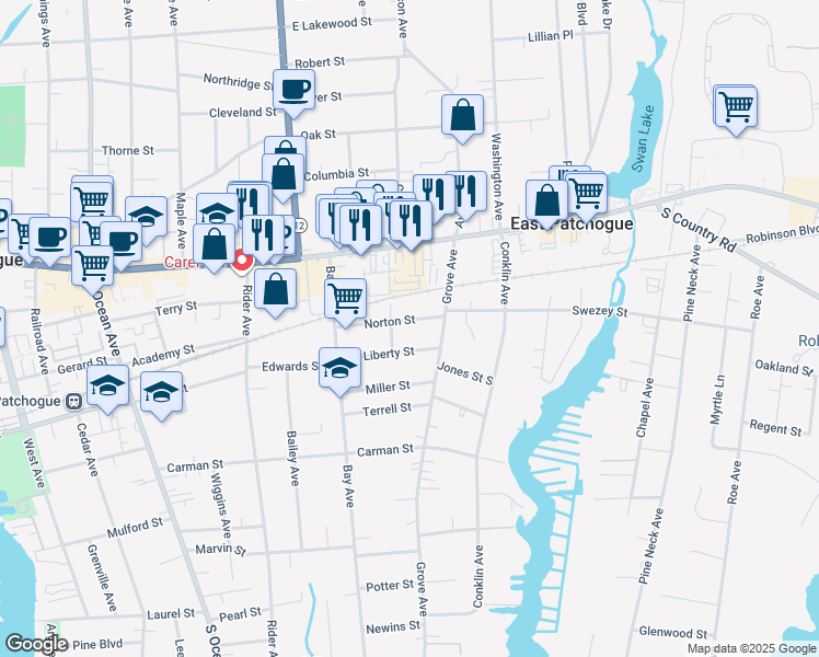 map of restaurants, bars, coffee shops, grocery stores, and more near 76 Norton Street in Patchogue