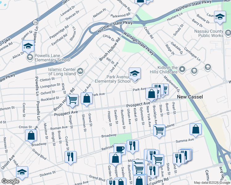 map of restaurants, bars, coffee shops, grocery stores, and more near 12 4th Ave in Westbury